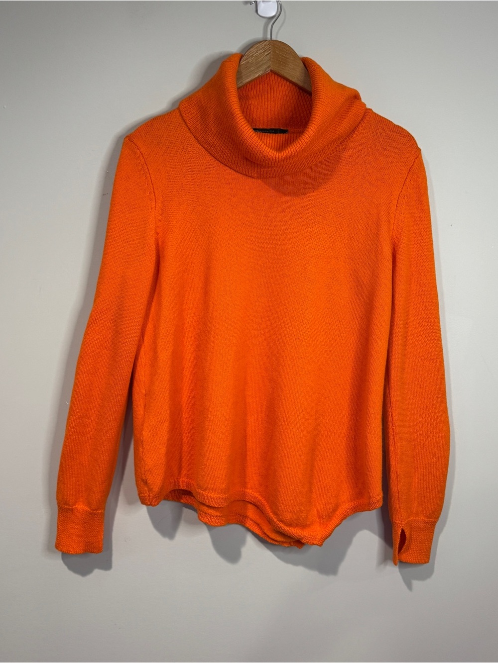 BCBGMaxAzria Merino Wool Orange Vermillion Cowl Neck Sweater Asymmetric Hem L